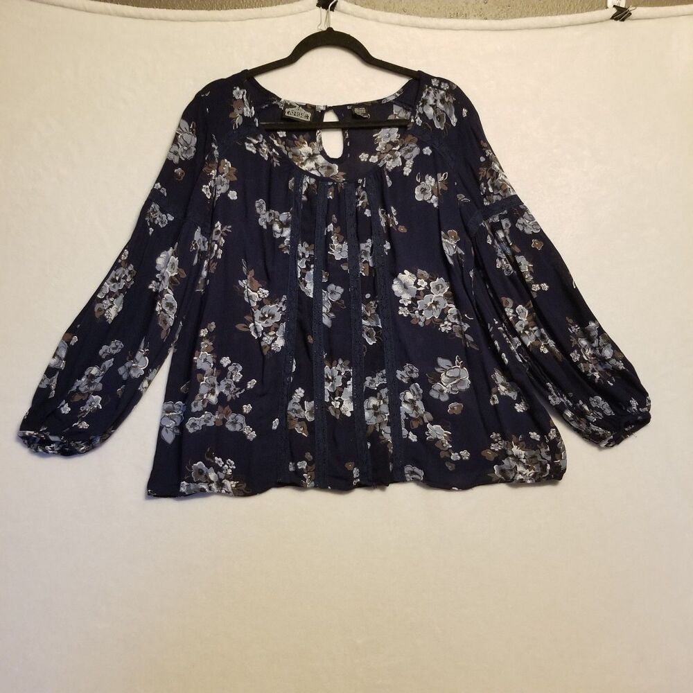 Angie L Top Navy Blue Floral Lace Trim Rayon Lightweight Boho Peasant Festival